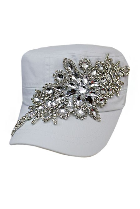 Bling Flower Crystal Rhinestone Washed Cotton White Cadet Cap