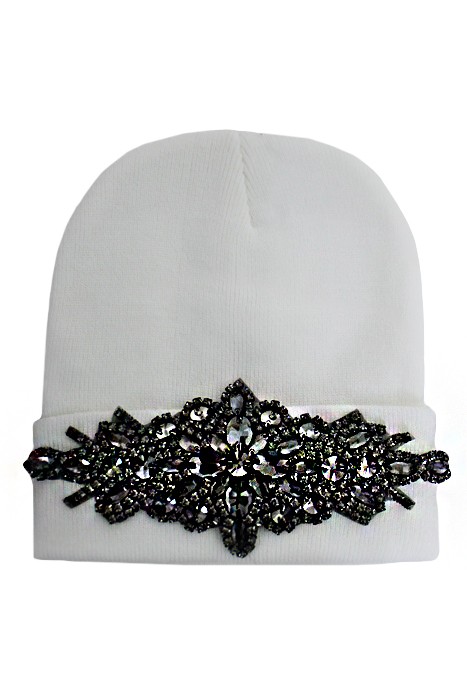 Gun Metal Colored Flower Crystal Long Beanie - White