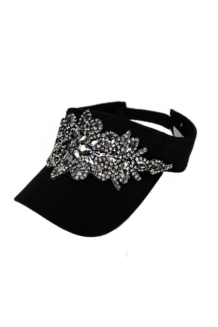 Bling Floral Black Crystal Rhinestone Visor Hat