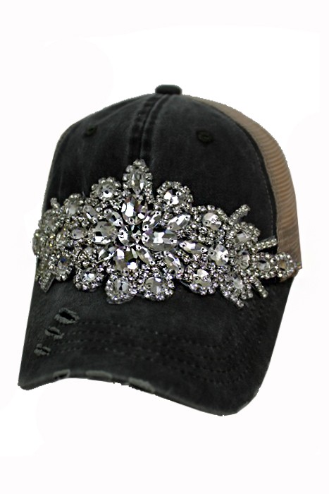 Crystal Rhinestone Embellished Gray Pigmented Dye Distressed Trucker Cap