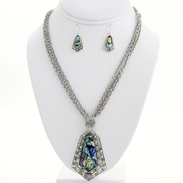 Abalone Charm Necklace Earring Set-Silver