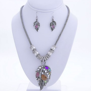 Leaf Charm Necklace Earring Set-Silver/Multi
