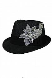Crystal and Rhinestone Flower Patch Fedora Hat - Black
