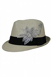 Crystal and Rhinestone Flower Patch Fedora Hat - Natural