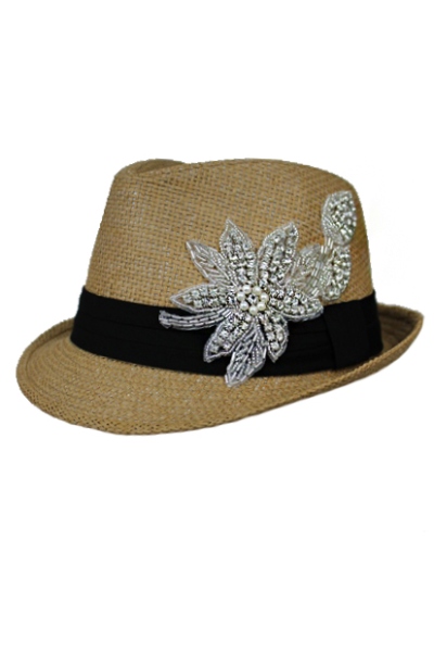 Crystal and Rhinestone Flower Patch Fedora Hat - Tan