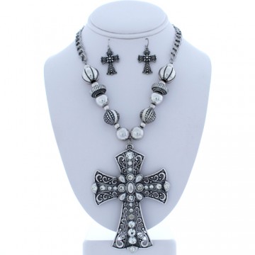 Vintage Textured Metal Cross Necklace Earring Set