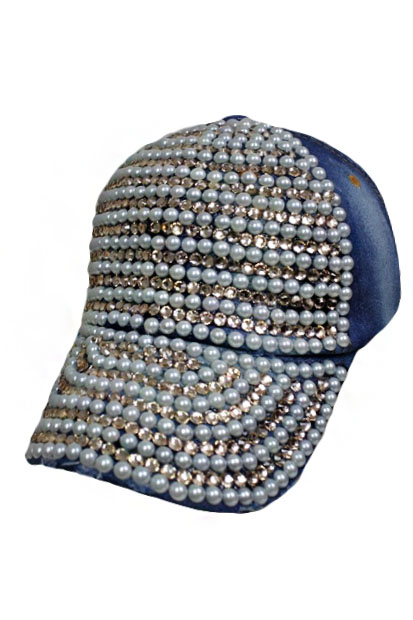 Faux Pearl and Gold Bling Studs Denim Baseball Hat