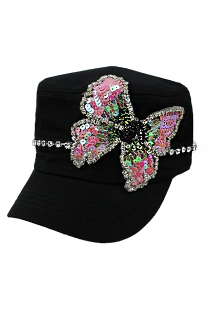 Rainbow Butterfly Sequins Patch Studded Cadet Hat