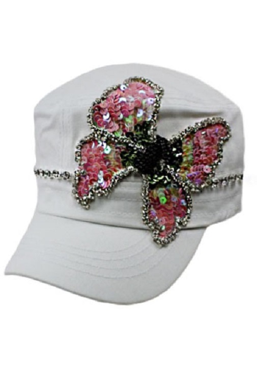 Rainbow Butterfly Sequins Patch Studded Cadet Hat - White