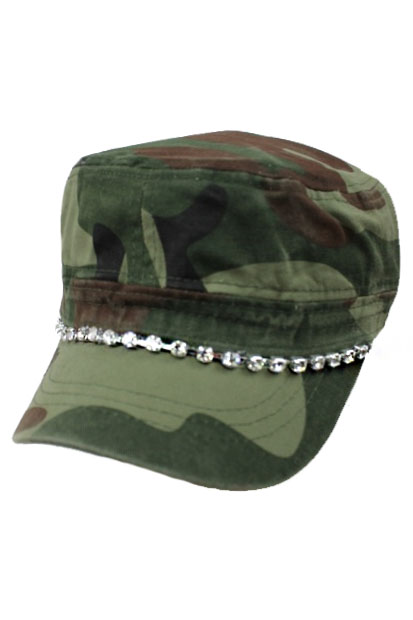 Lined Crystal Rhinestone Cap - Camo