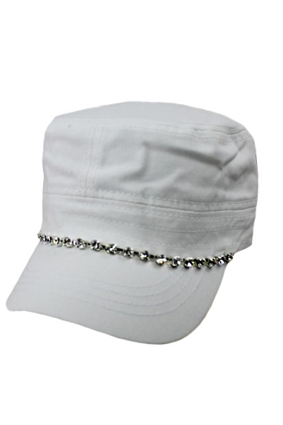 Lined Crystal Rhinestone Cap - White