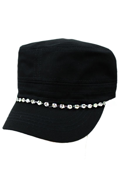 Lined Crystal Rhinestone Cap - Black