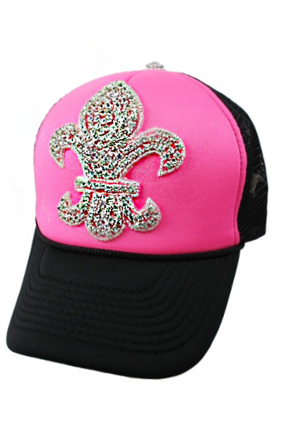 Neon Pink w/Rhinestone Fleur de Lis Trucker Hat