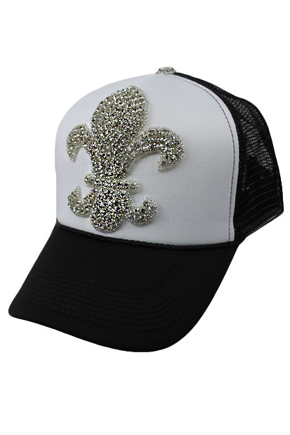 White & Black w/Rhinestone Fleur de Lis Trucker Hat