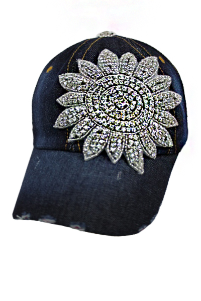 Flower Crystal Rhinestone Washed Denim Baseball Cap