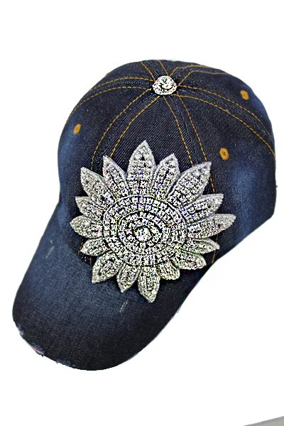 Flower Crystal Rhinestone Washed Denim Baseball Cap